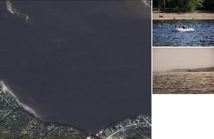 An overhead image of Baskins Beach, another image of a person rowing a boat and a horizon image of Baskins Beach