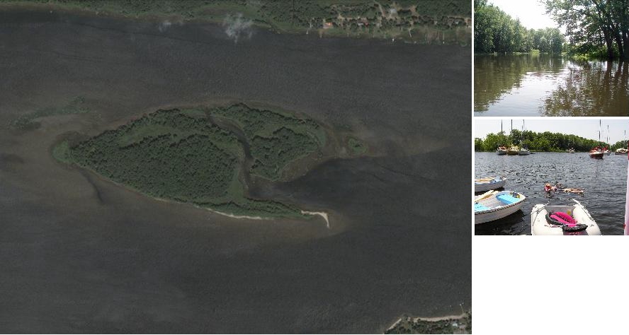 An aerial image of Mohr Island, an image of the scenic plant greenery and an image of dinghies on the shore at Mohr Island