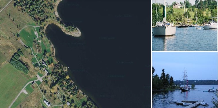Three images of Pinhey's point including an overhead image and boats at anchor
