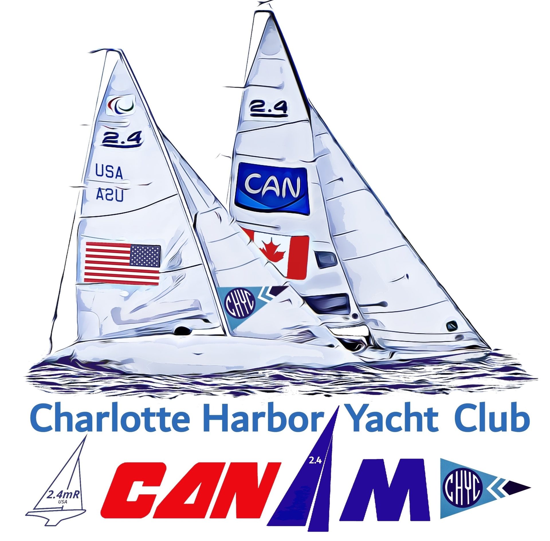 Two animated 2.4mR's sailing with Charlotte Harbor Yacht Club and CanAm designation