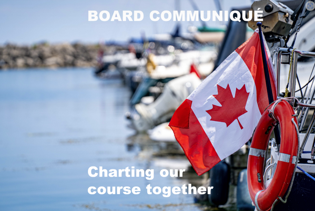 TItle "Board Communique" with Canada flag on the stern of a boat