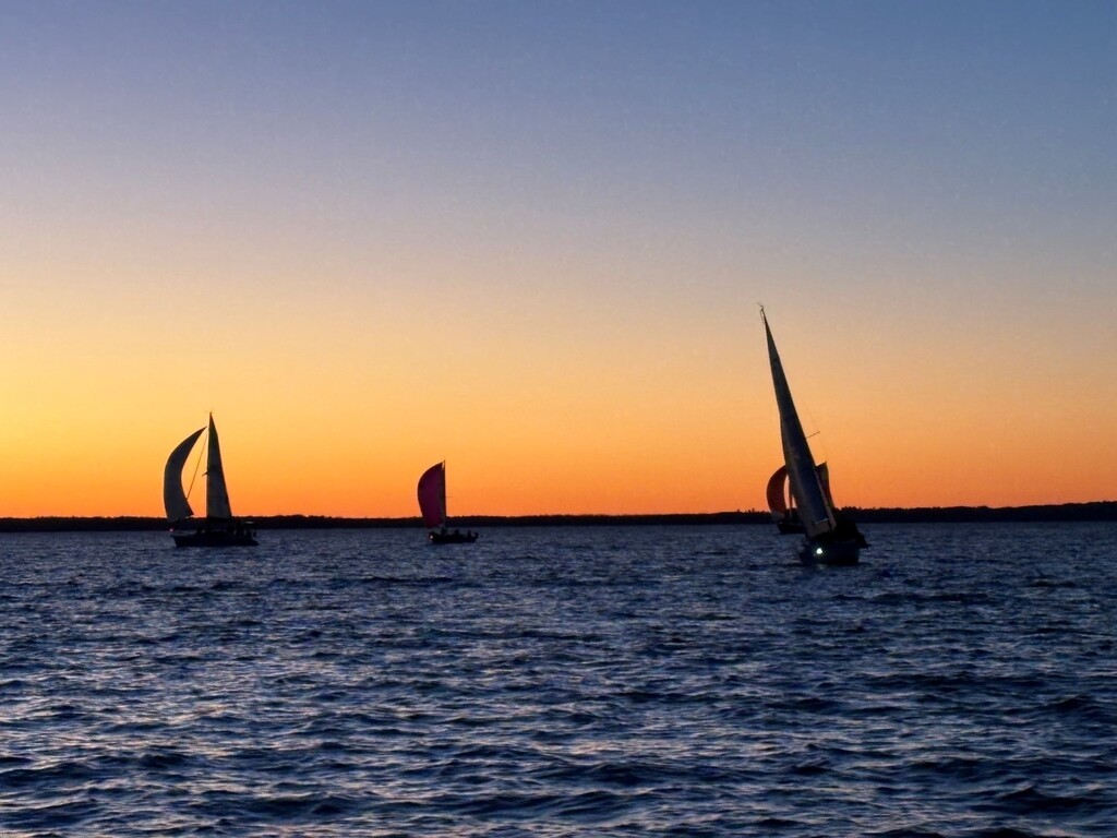 Sailboats as silhouettes at sunset